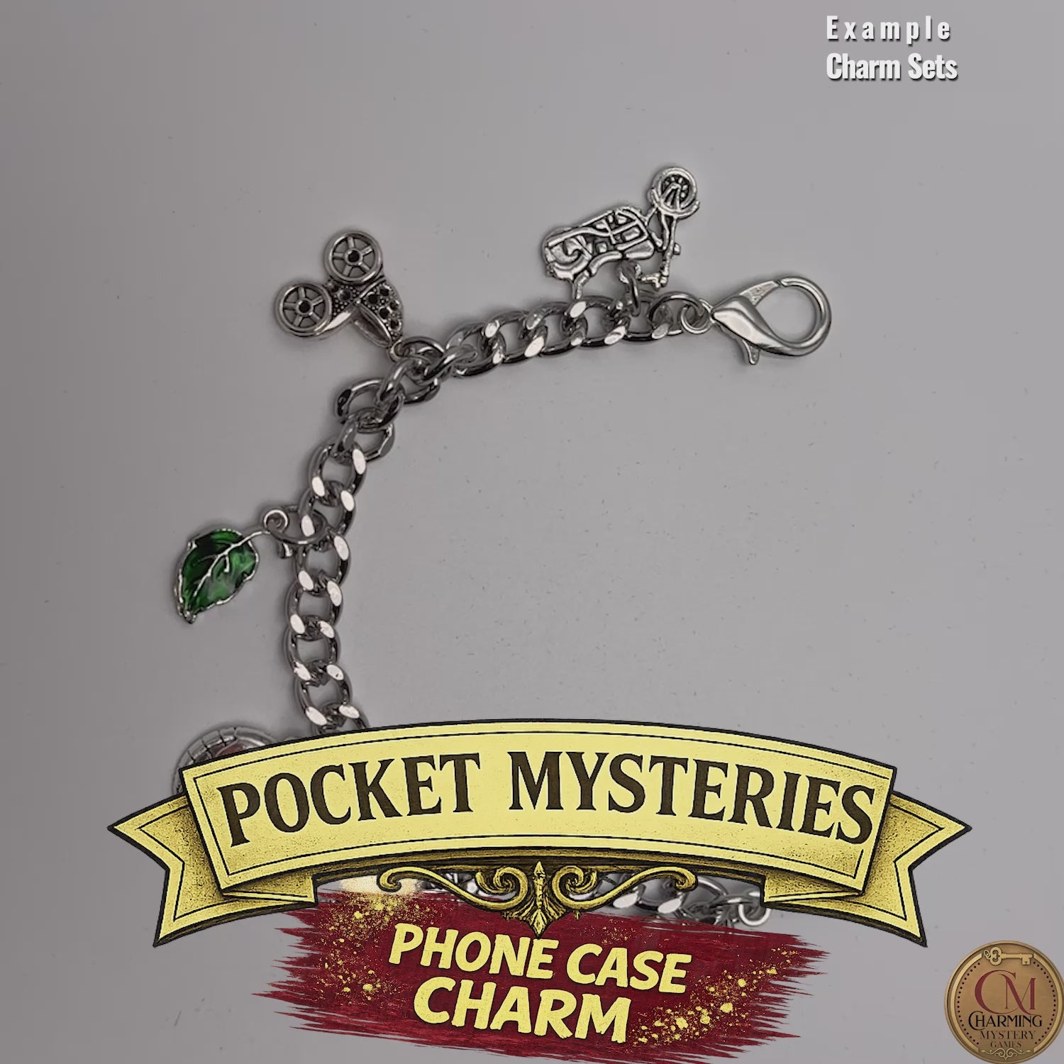 A video that shows the phone case charm sets in gold and silver with cute charms to solve a mystery game. 