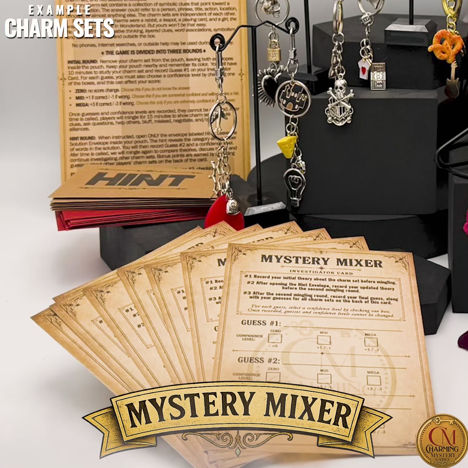 The video shows the contents of a mystery mixer party game. 