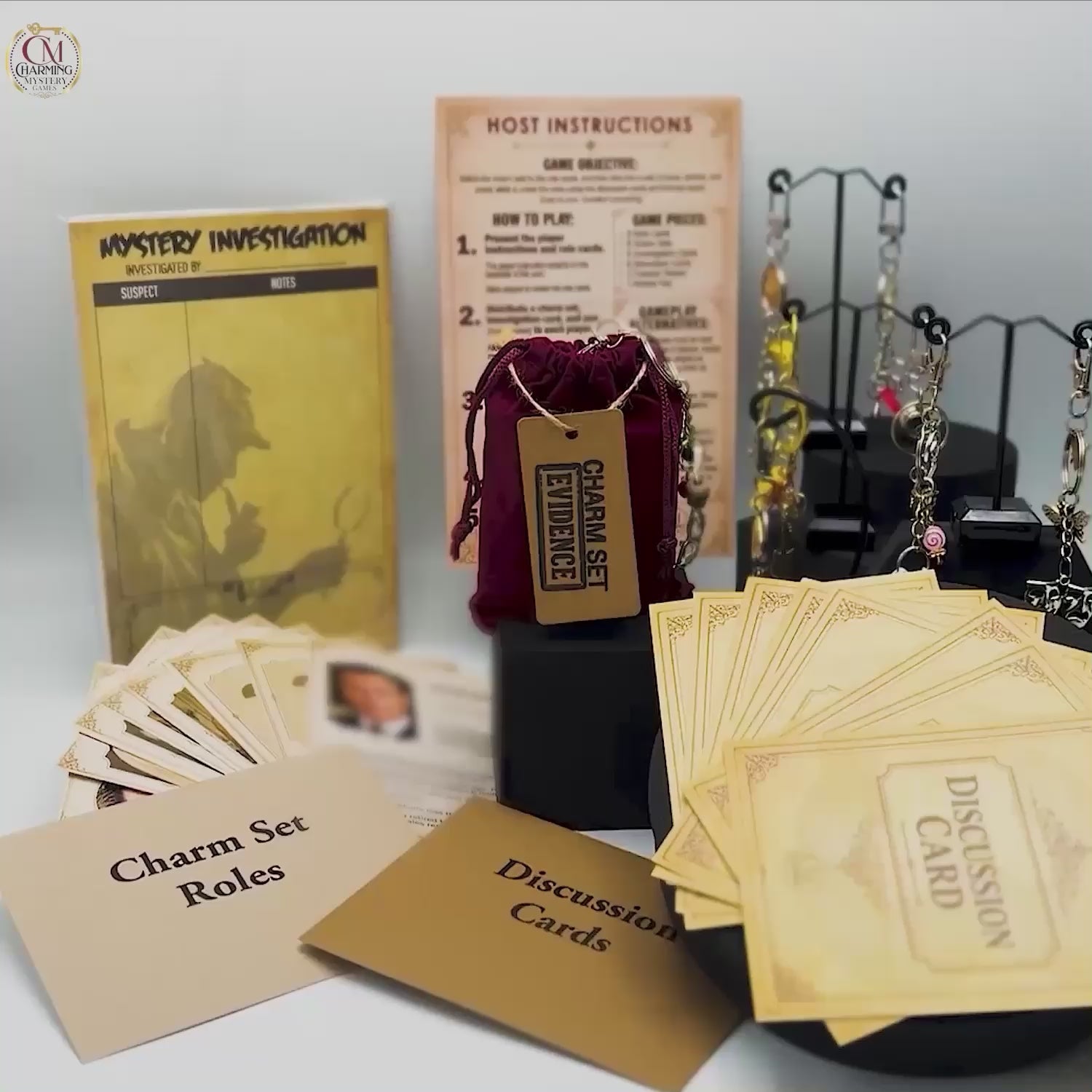 The video reveals the contents of the murder mystery party game, The Butler Didn't Do it. It is cards, documents and keychain charms. 