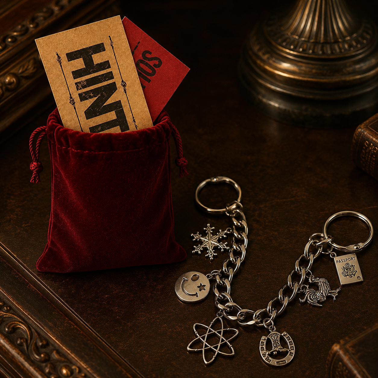 Silver keychain with charms on a wooden surface next to a red velvet bag and cards.