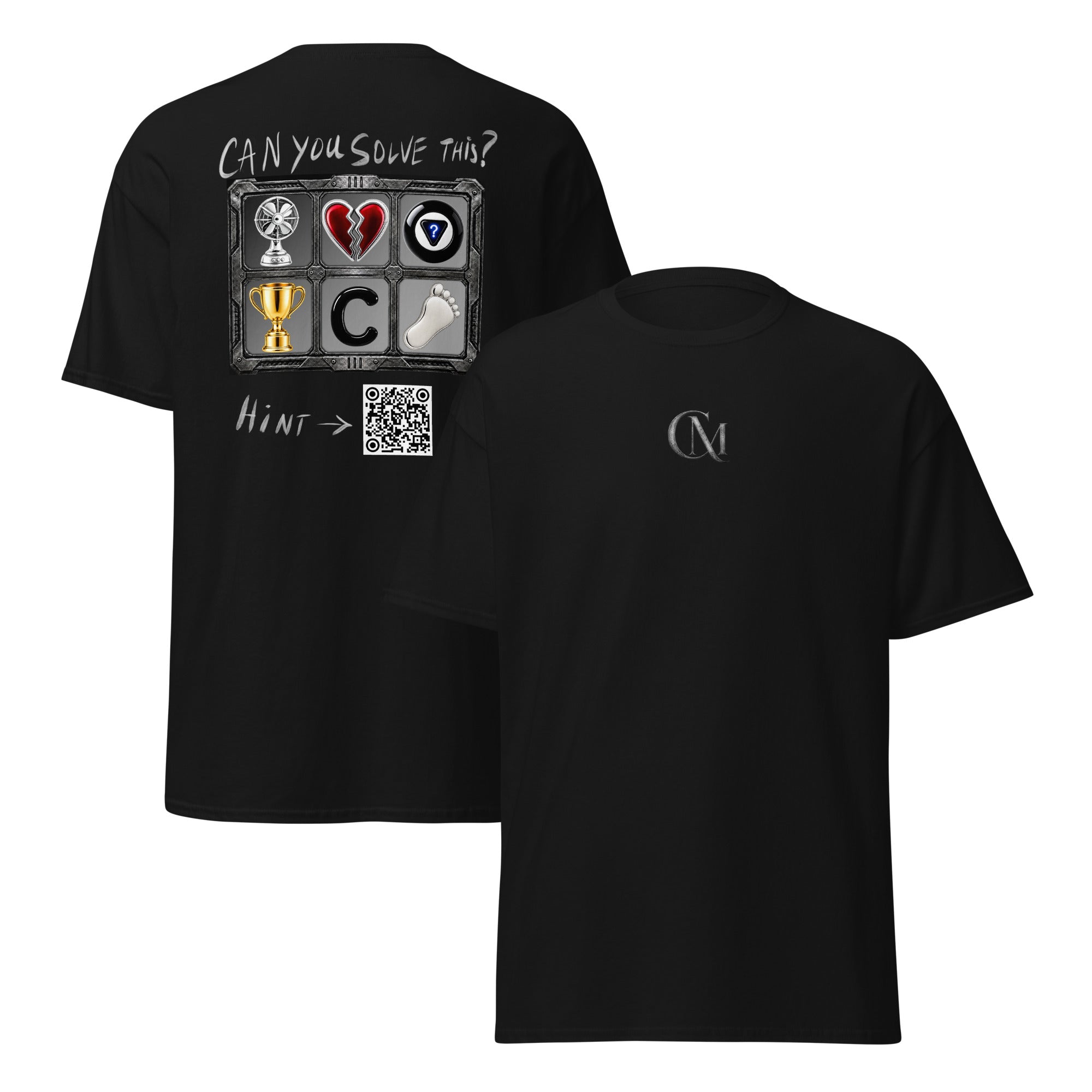 Product mockup for a wearable mystery t-shirt for Charming Mystery Games