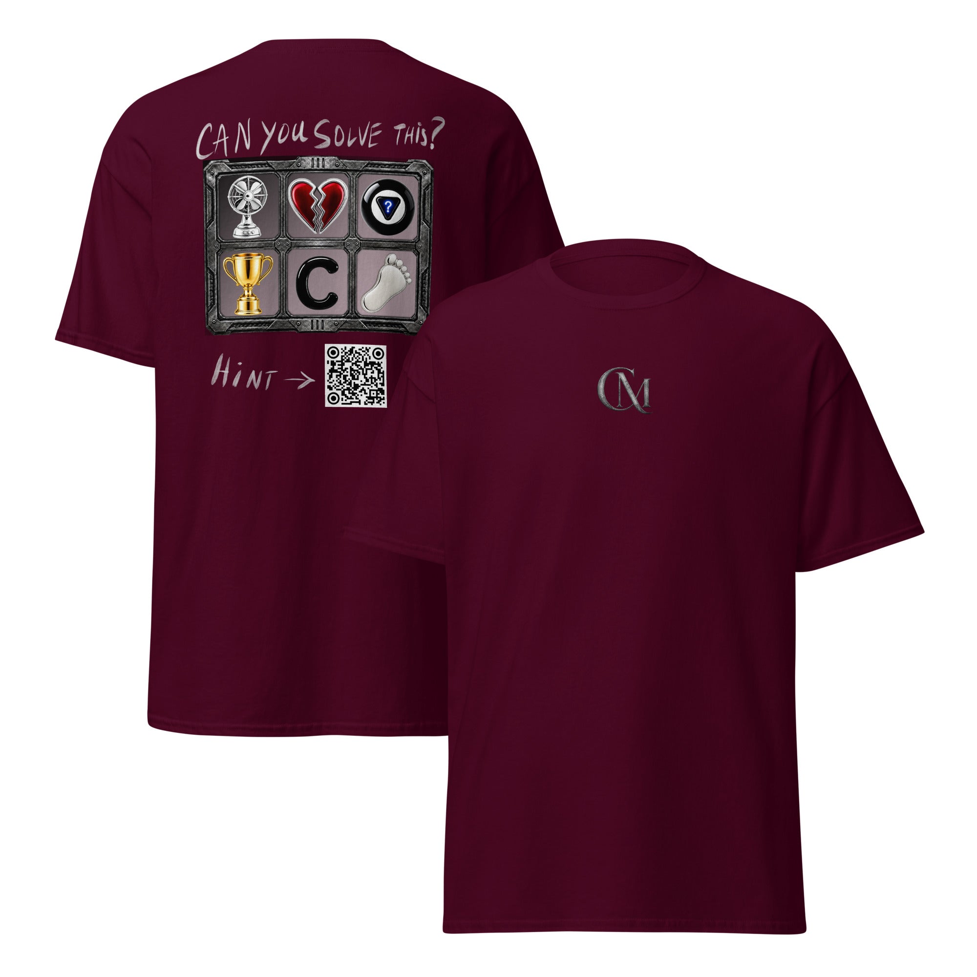 Product mockup for a wearable mystery t-shirt for Charming Mystery Games