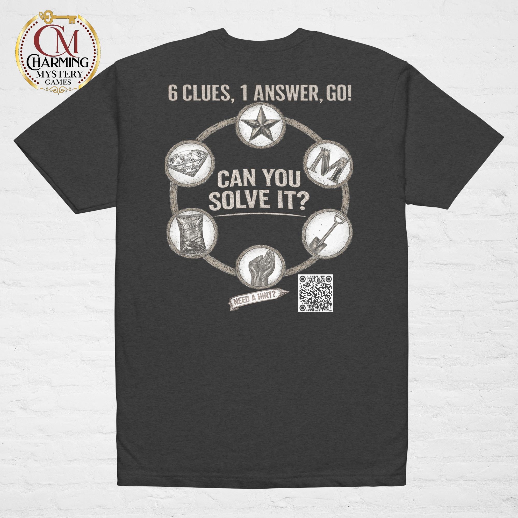 Product mockup of a gray tee shirt that has a mystery challenge on it. It says Can You Solve It? 