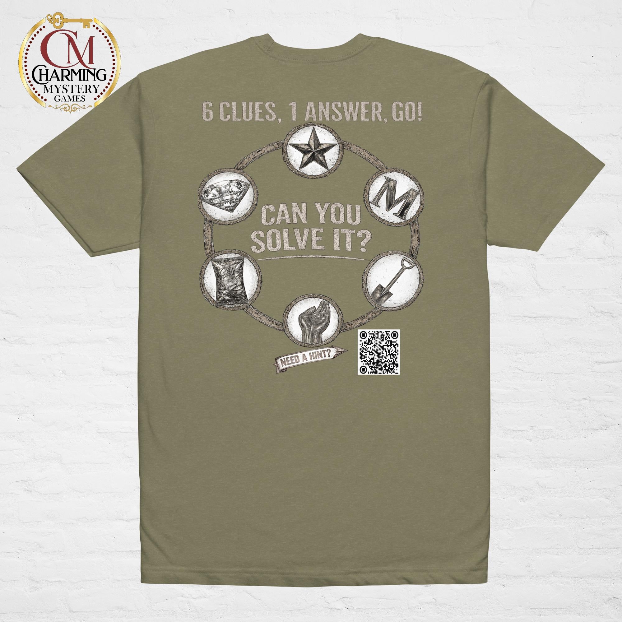 Product mockup of a green tee shirt that has a mystery challenge on it. It says Can You Solve It? 