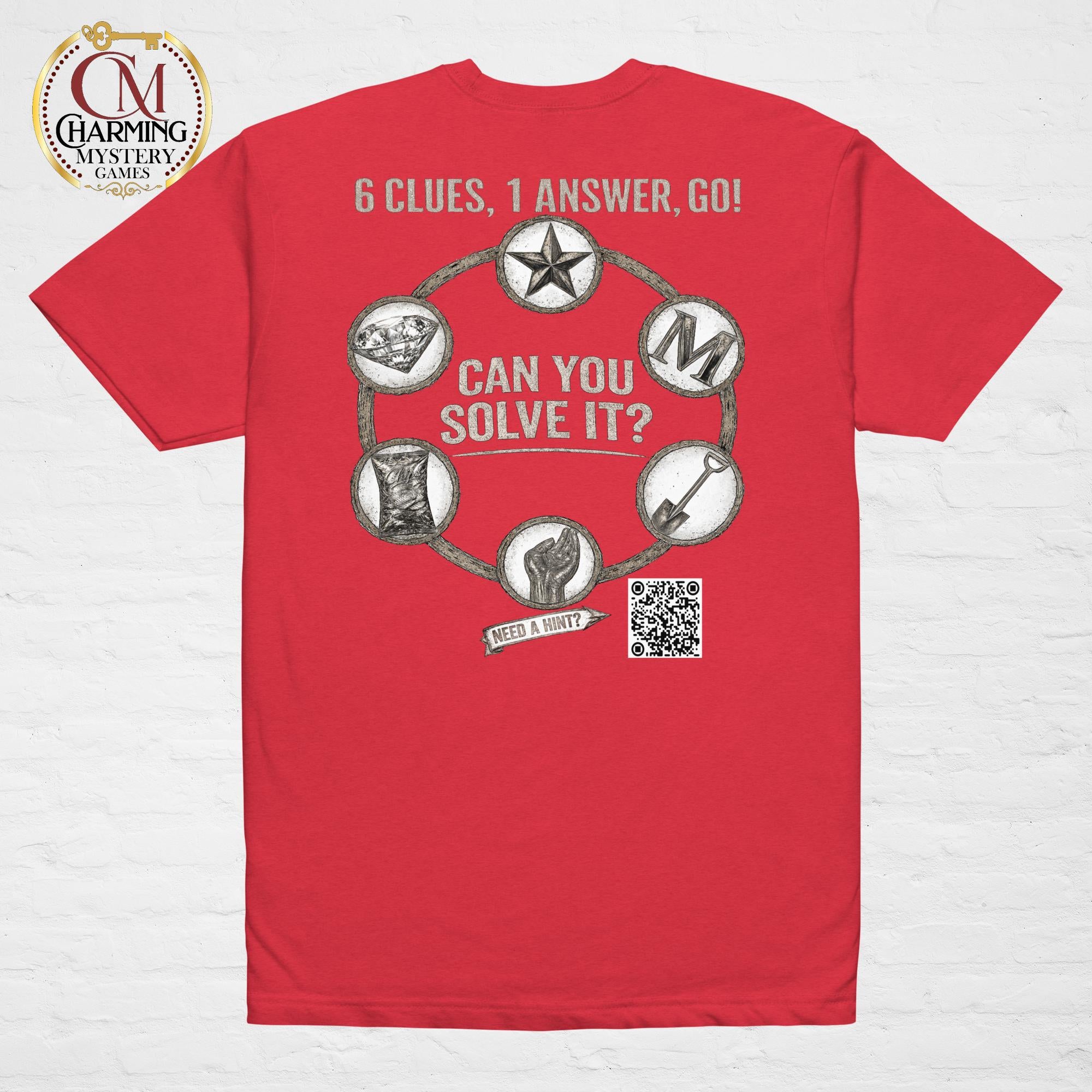 Product mockup of a red tee shirt that has a mystery challenge on it. It says Can You Solve It? 