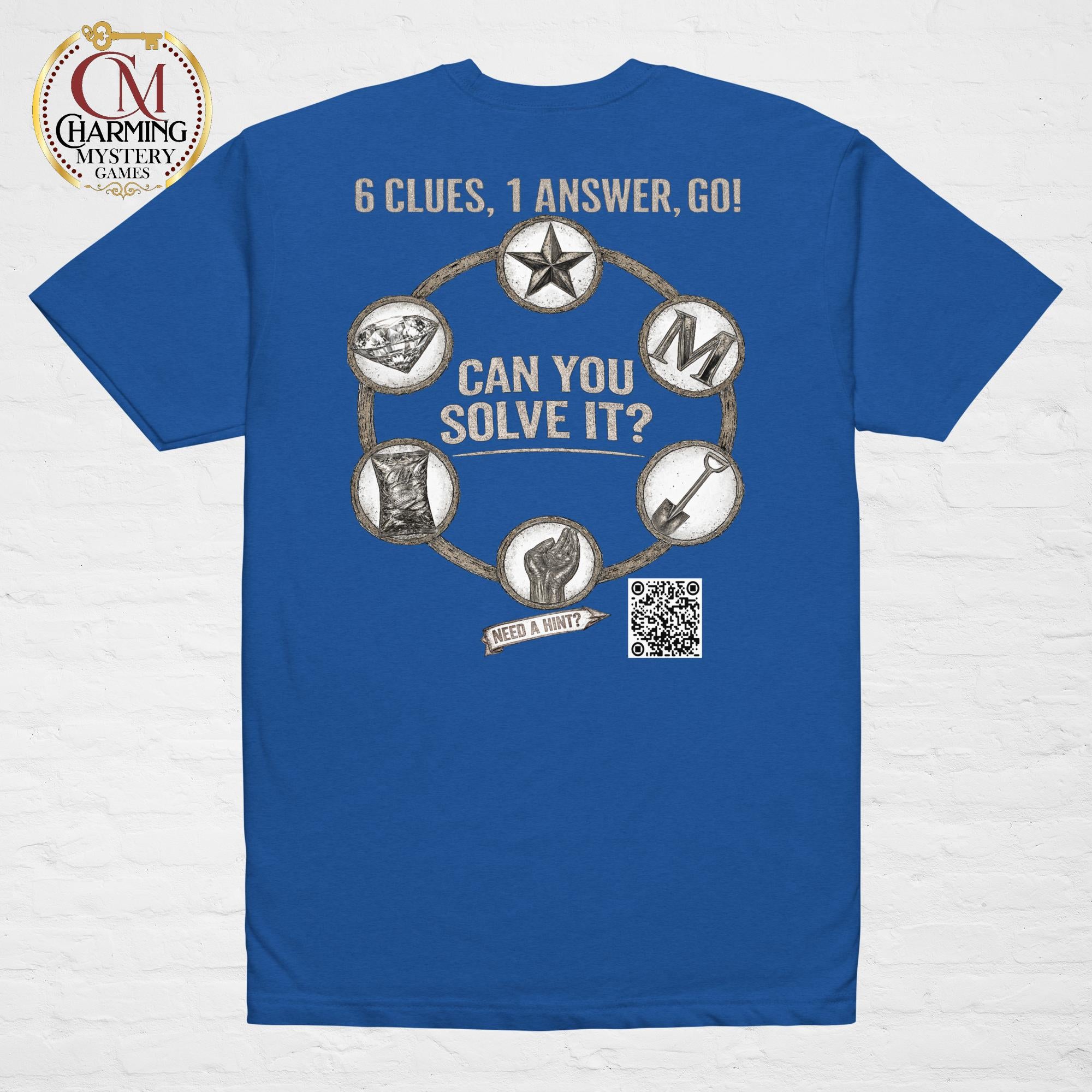 Product mockup of a blue
 tee shirt that has a mystery challenge on it. It says Can You Solve It? 