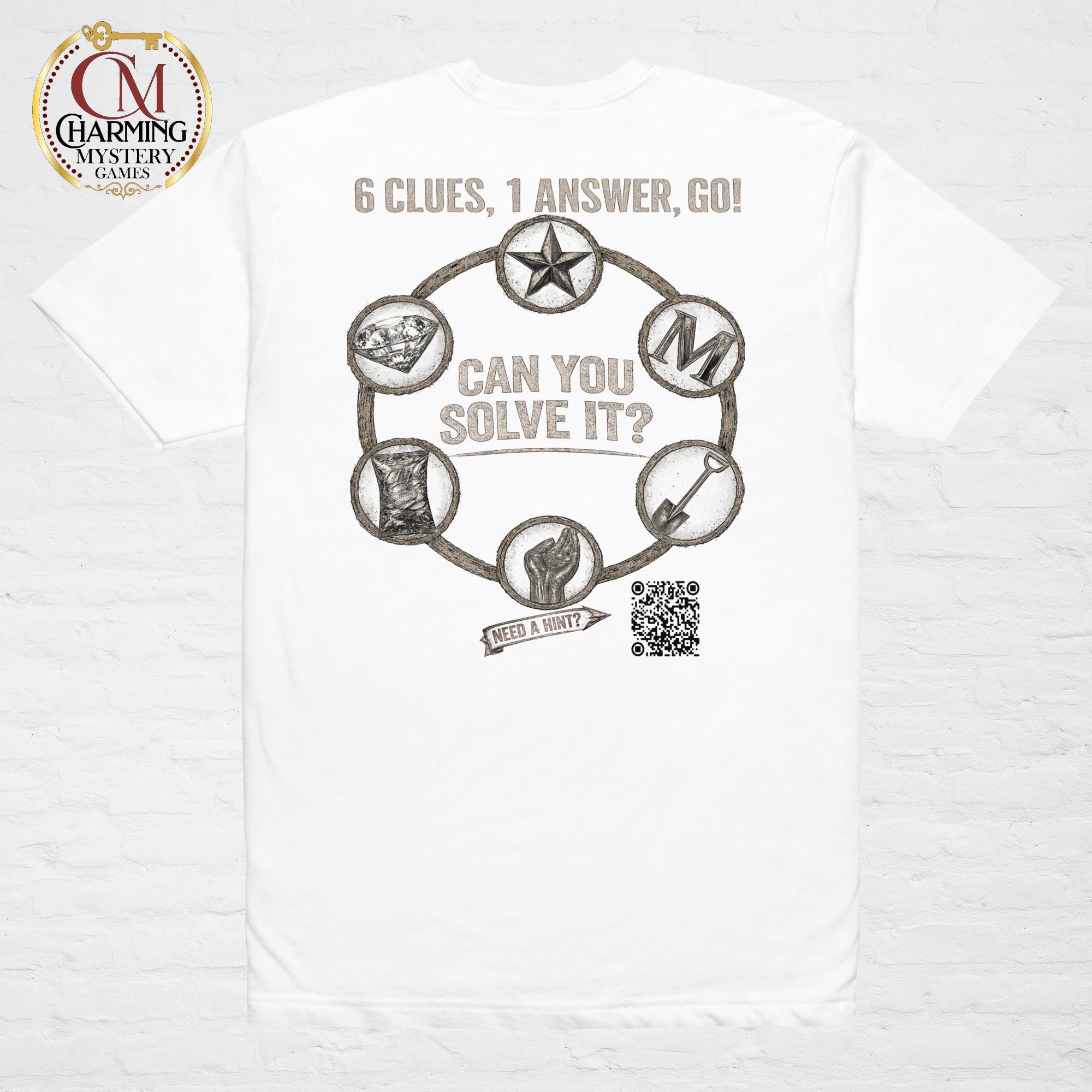 Product mockup of a white tee shirt that has a mystery challenge on it. It says Can You Solve It? 