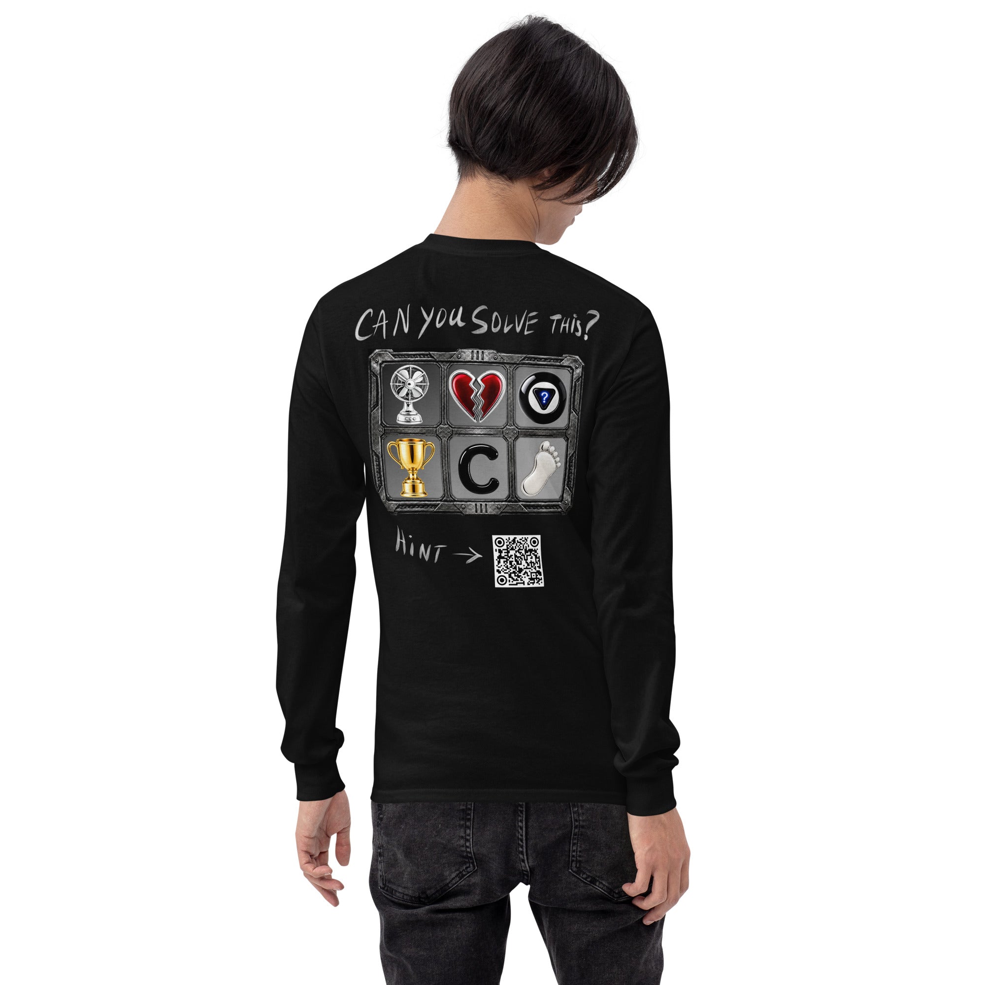 Product mockup of a mystery challenge shirt on the back.