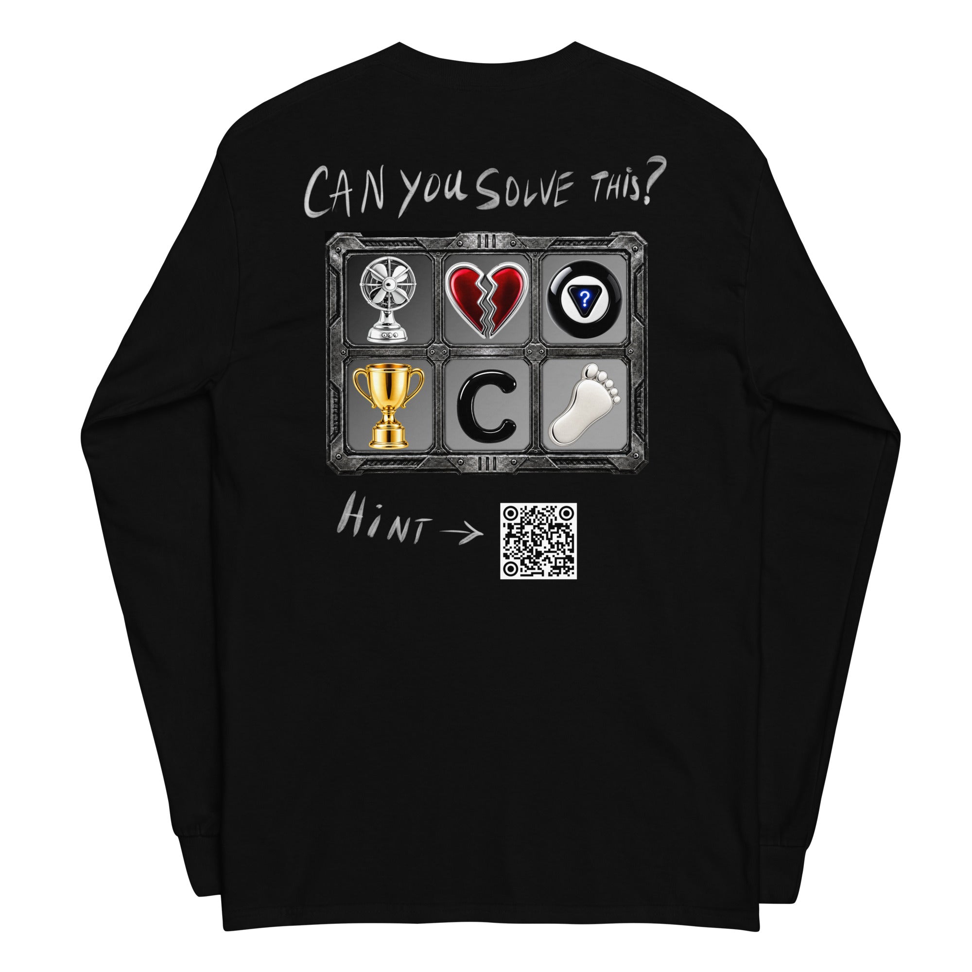 Product mockup of a mystery challenge shirt on the back.