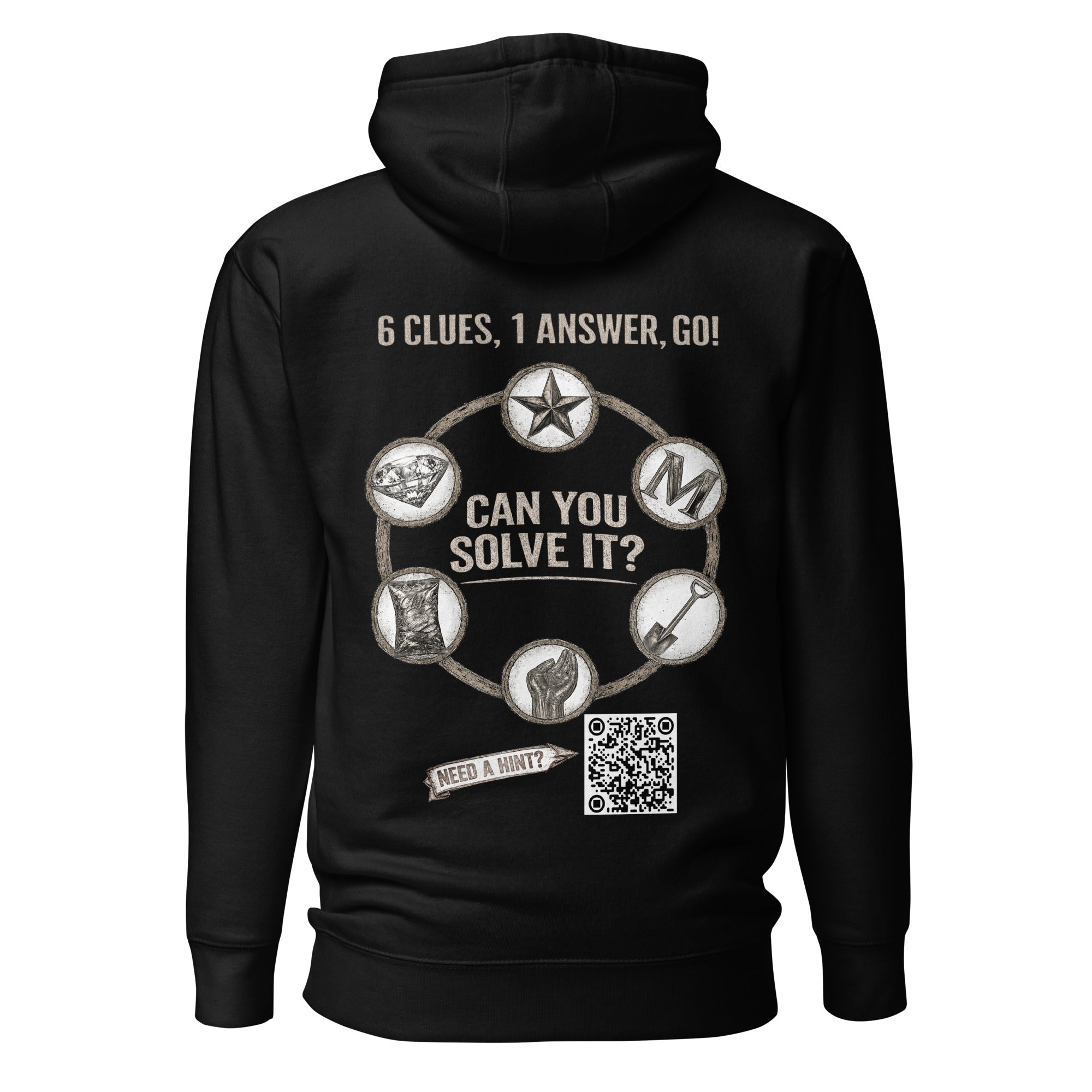 Product mockup for a wearable mystery challenge hoodie in black.