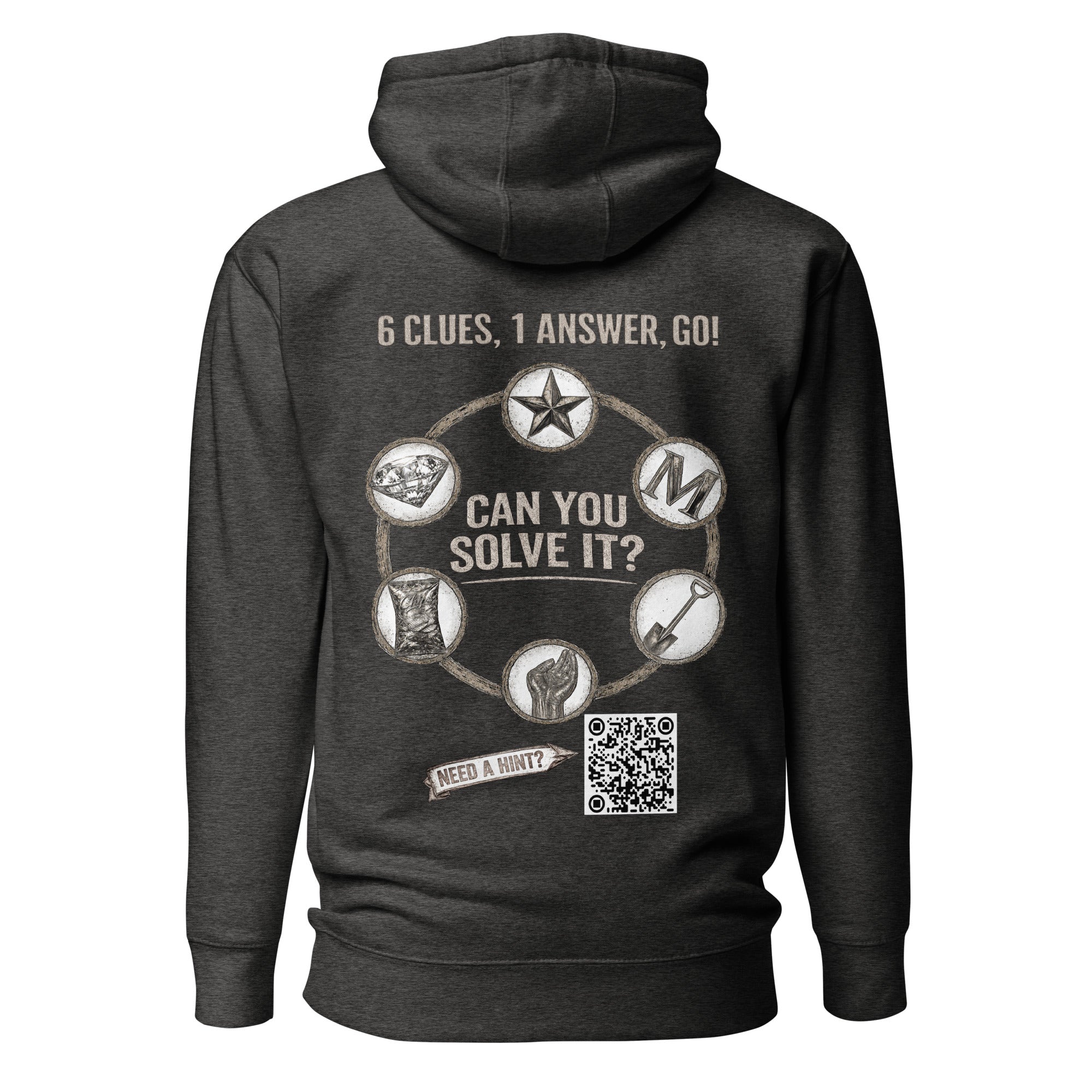 Product mockup for a wearable mystery challenge hoodie - the back has a puzzle to solve.