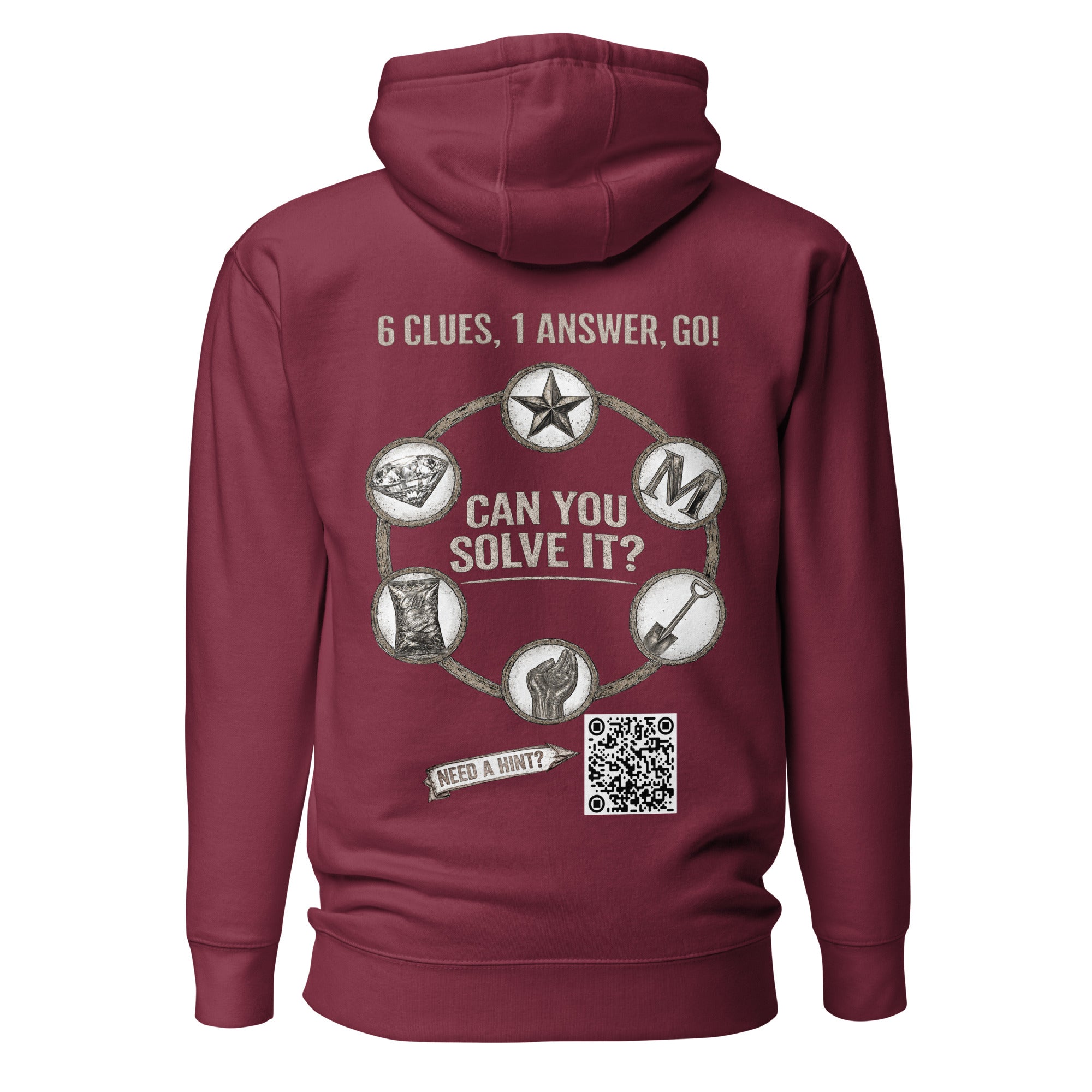 Product mockup for a wearable mystery challenge hoodie - the back has a puzzle to solve.