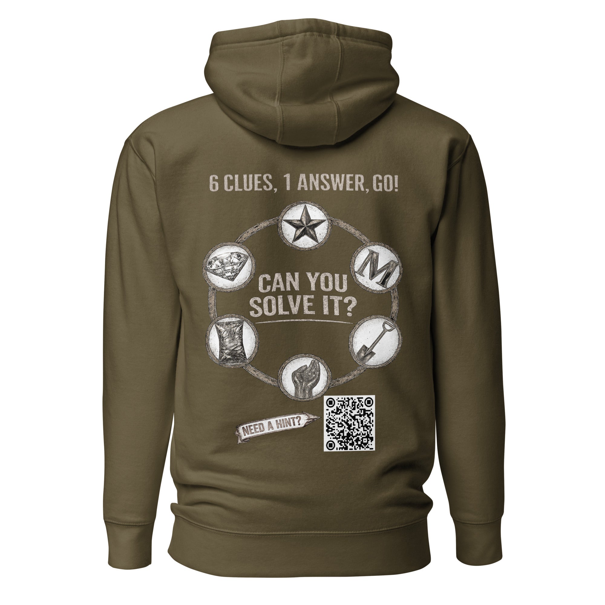 Product mockup for a wearable mystery challenge hoodie - the back has a puzzle to solve.
