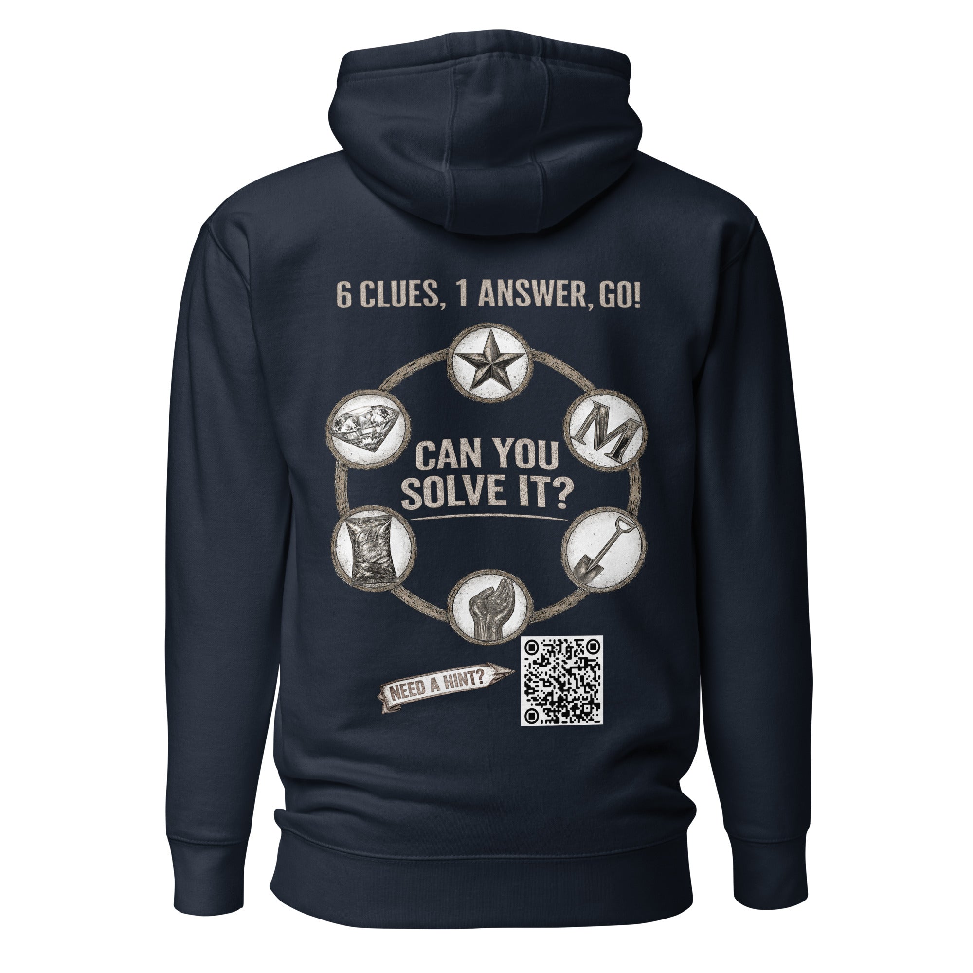 Product mockup for a wearable mystery challenge hoodie - the back has a puzzle to solve.