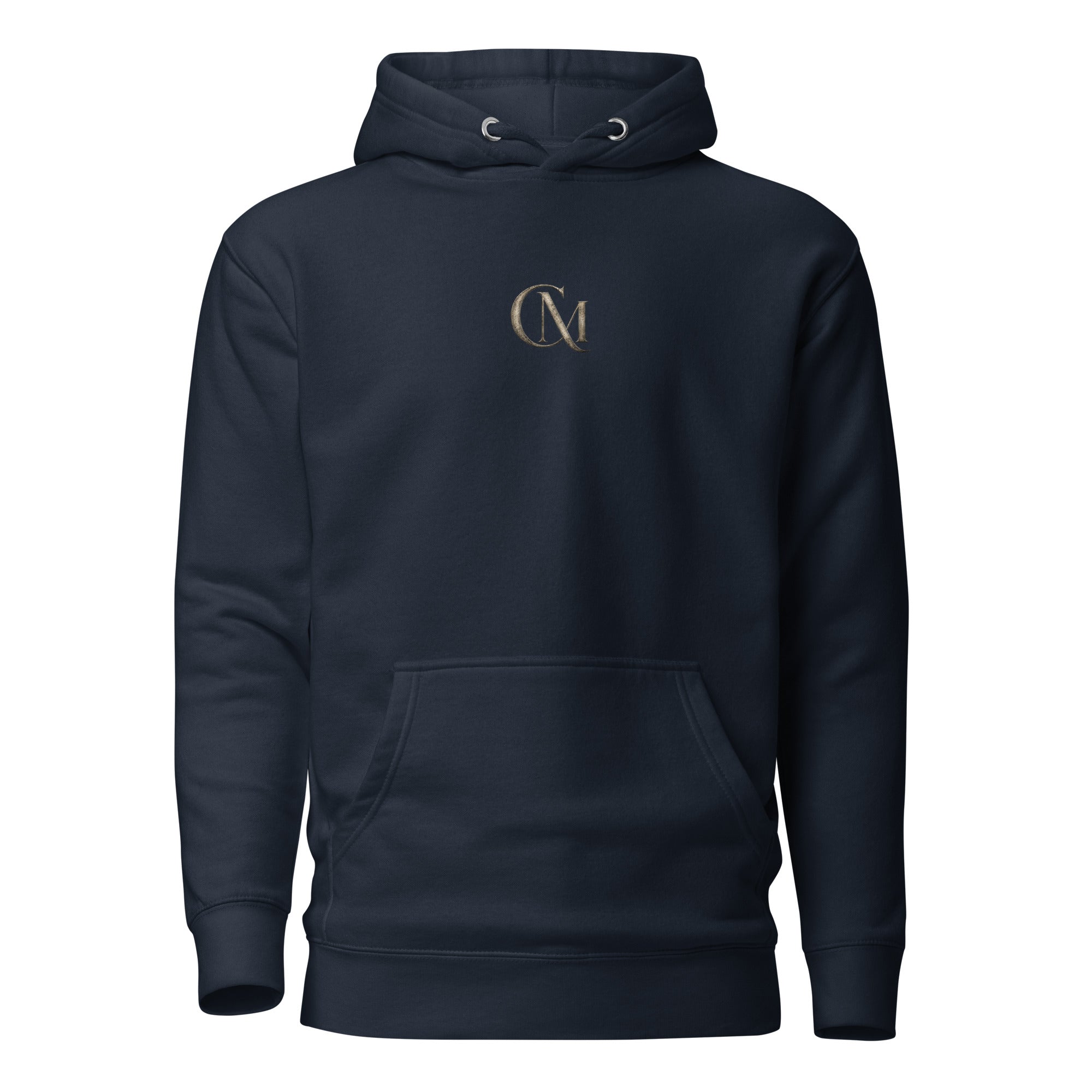 Product mockup for a wearable mystery challenge hoodie in navy.