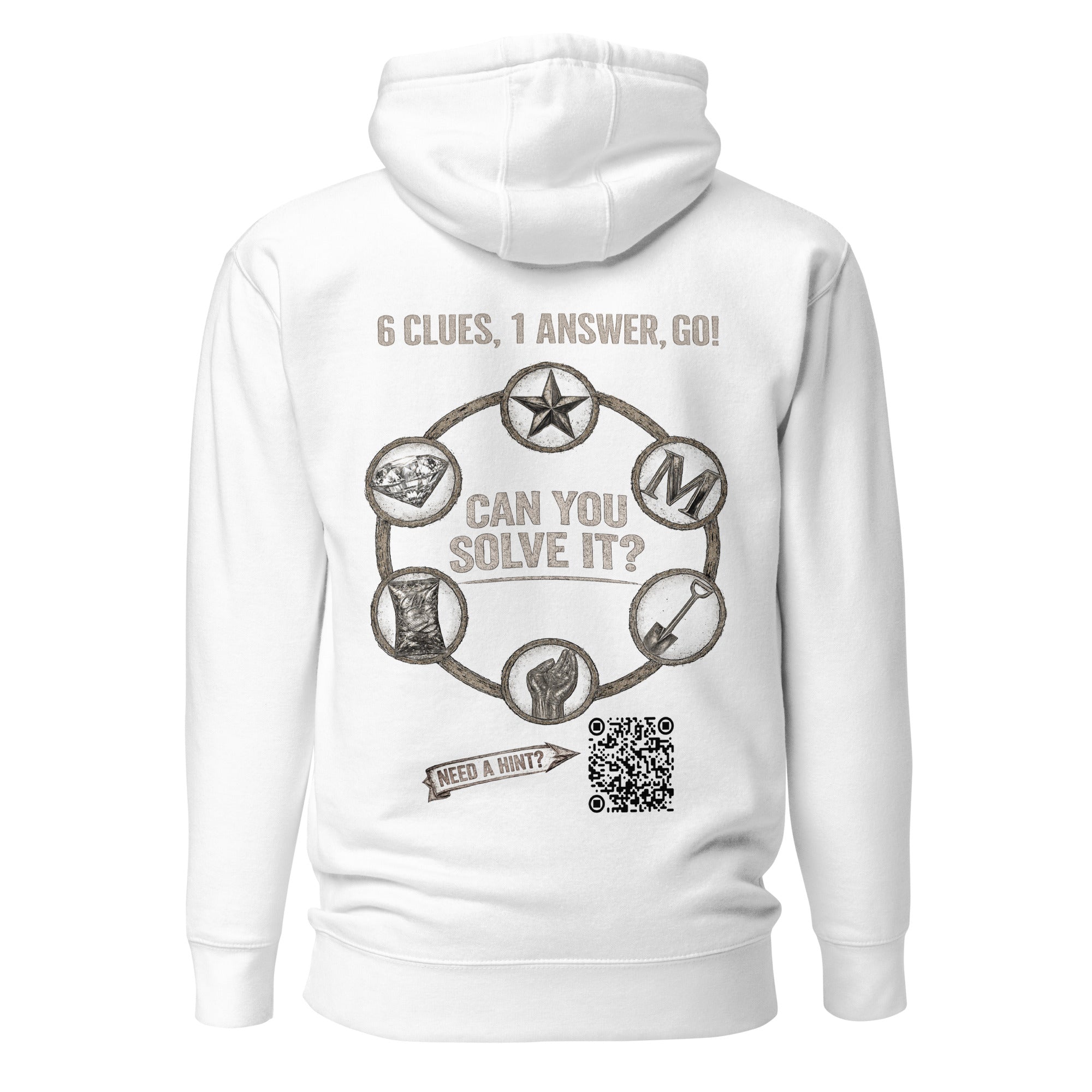 Product mockup for a wearable mystery challenge hoodie - the back has a puzzle to solve.