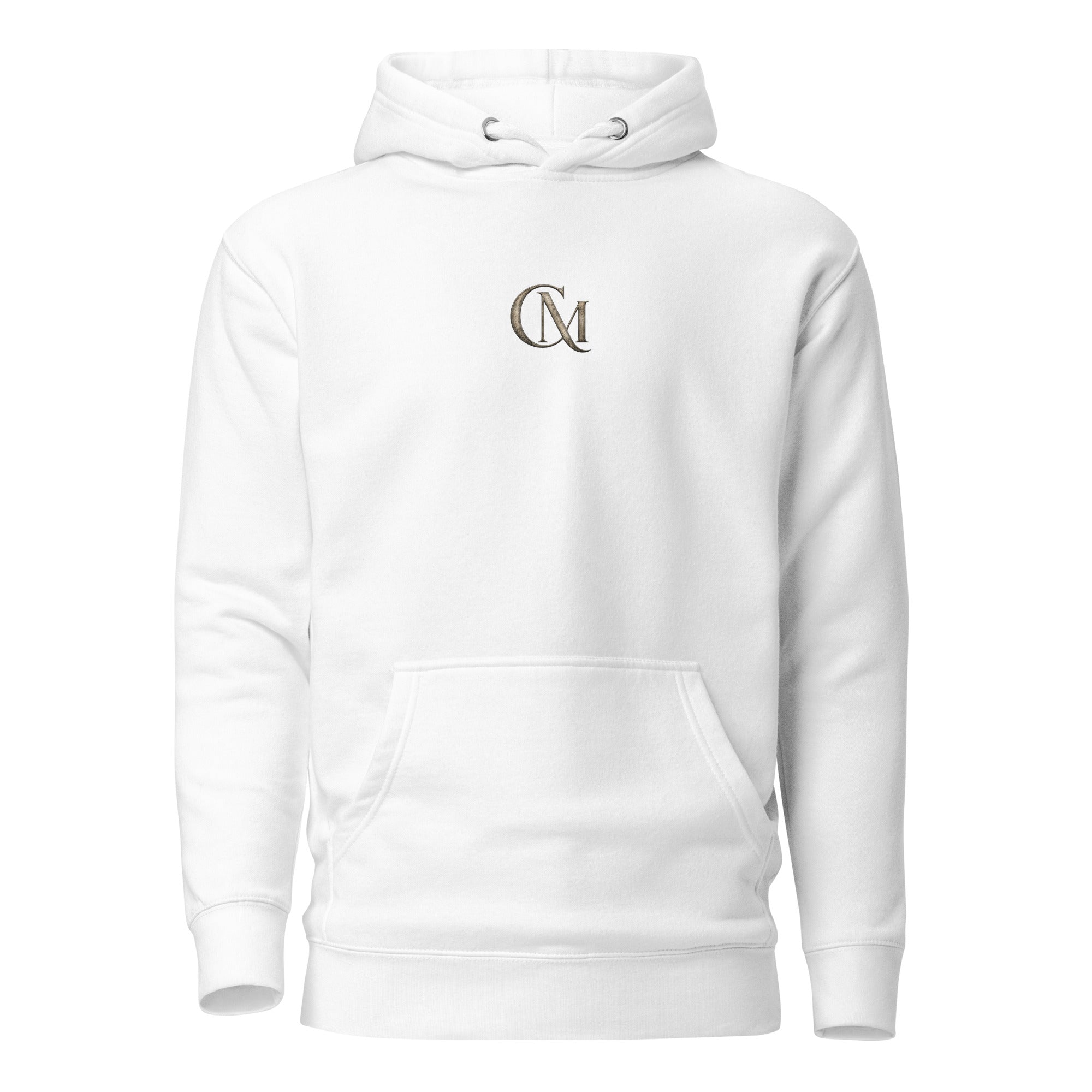 Product mockup for a wearable mystery challenge hoodie in white